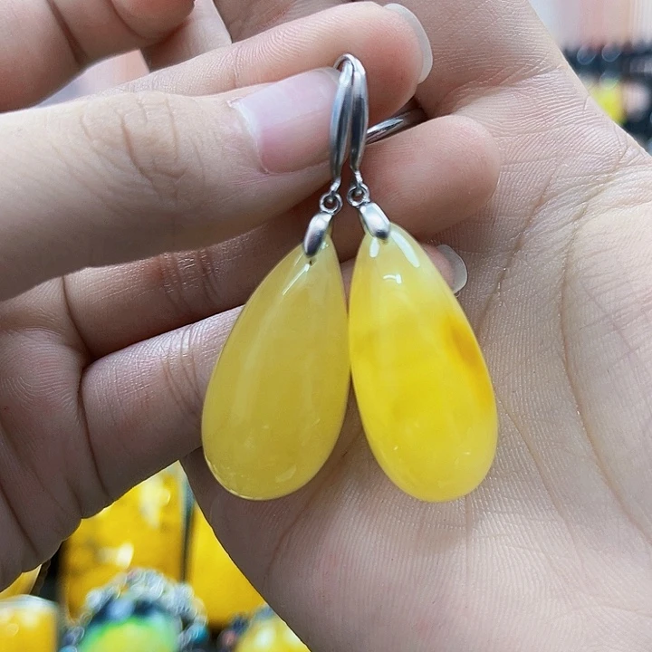 蜜蜡银S925镶嵌裸石耳环