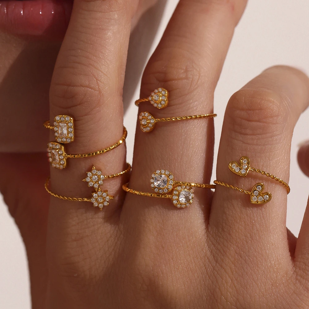 钛钢戒指 5A锆石几何细圈戒指金色组合不锈钢开口设计感女款尾戒