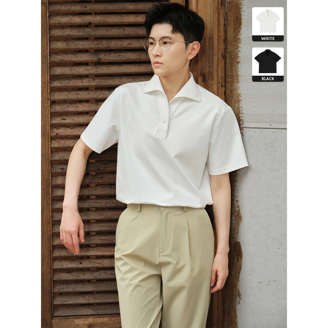 knighttom夏季意式一片领挺括优雅中性风小个子纯色短袖T恤5202