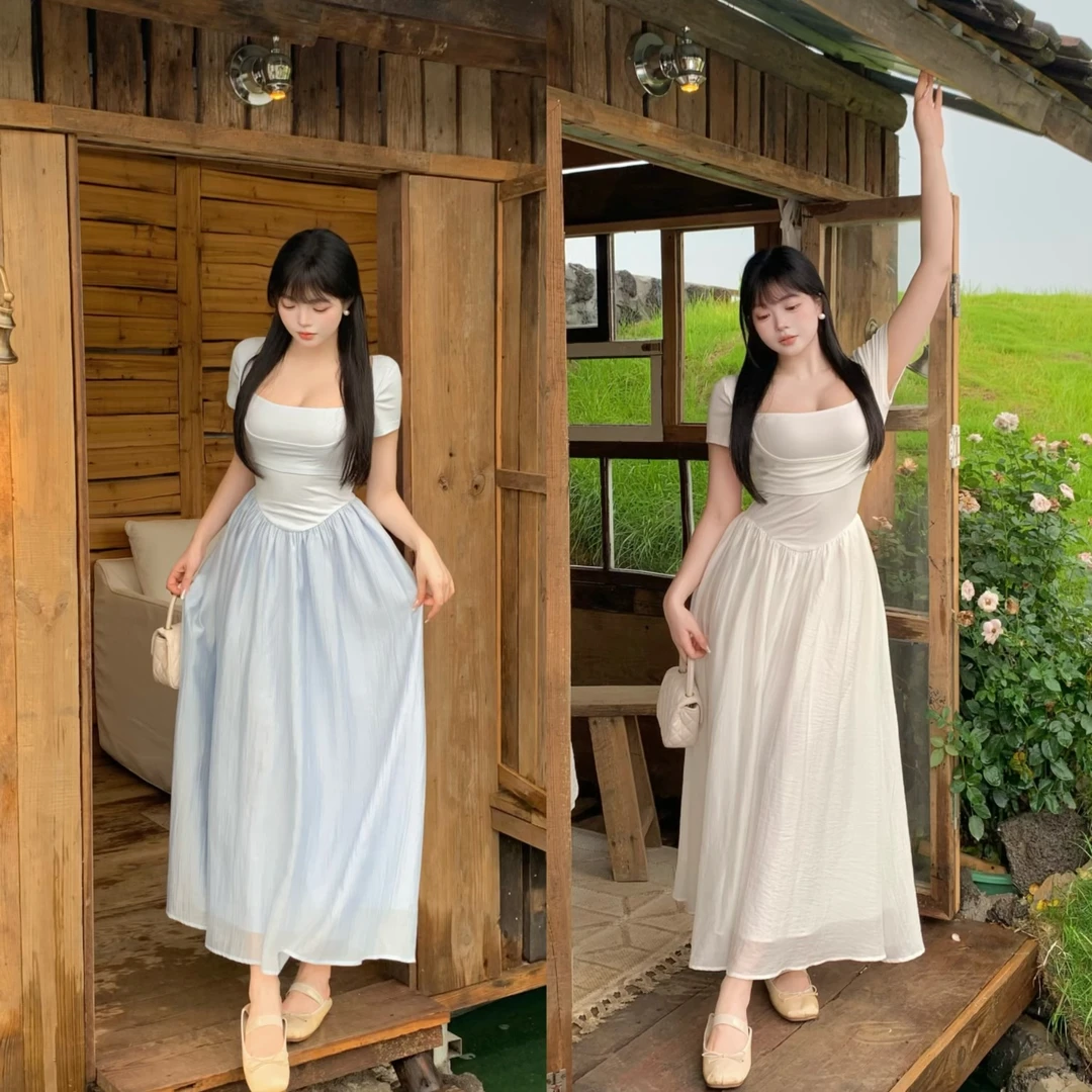 MengFairy 现货【极简线条】法式方领显瘦百搭拼接收腰连衣裙 4782