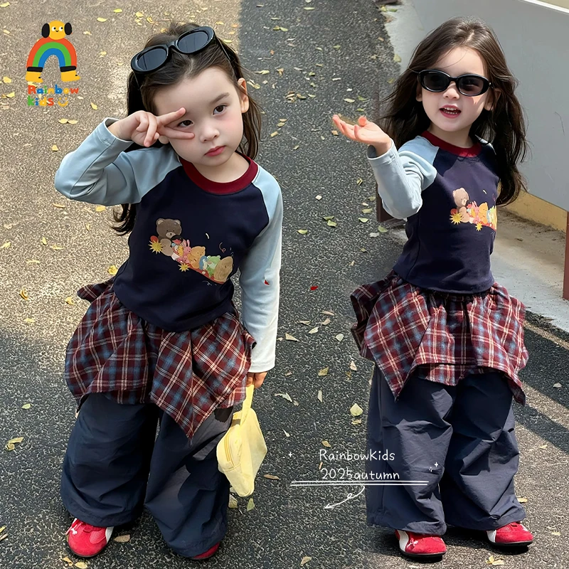 【彩虹家】2025秋款韩版卡通拼接上衣百搭格子裙裤套装-66083