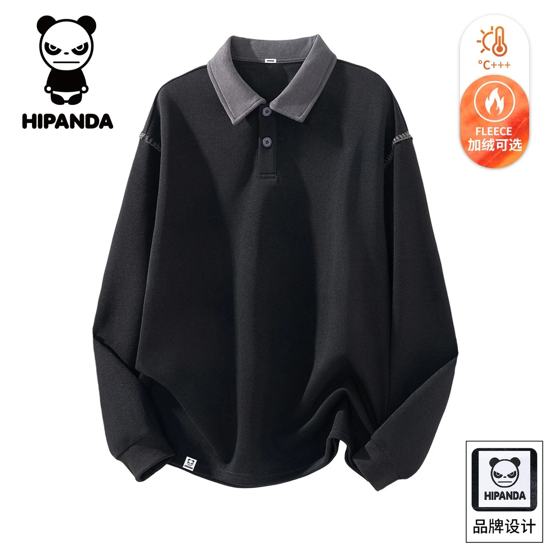 Hi Panda你好熊猫POLO衫男士冬季加绒潮牌美式慵懒舒适翻领打底衫