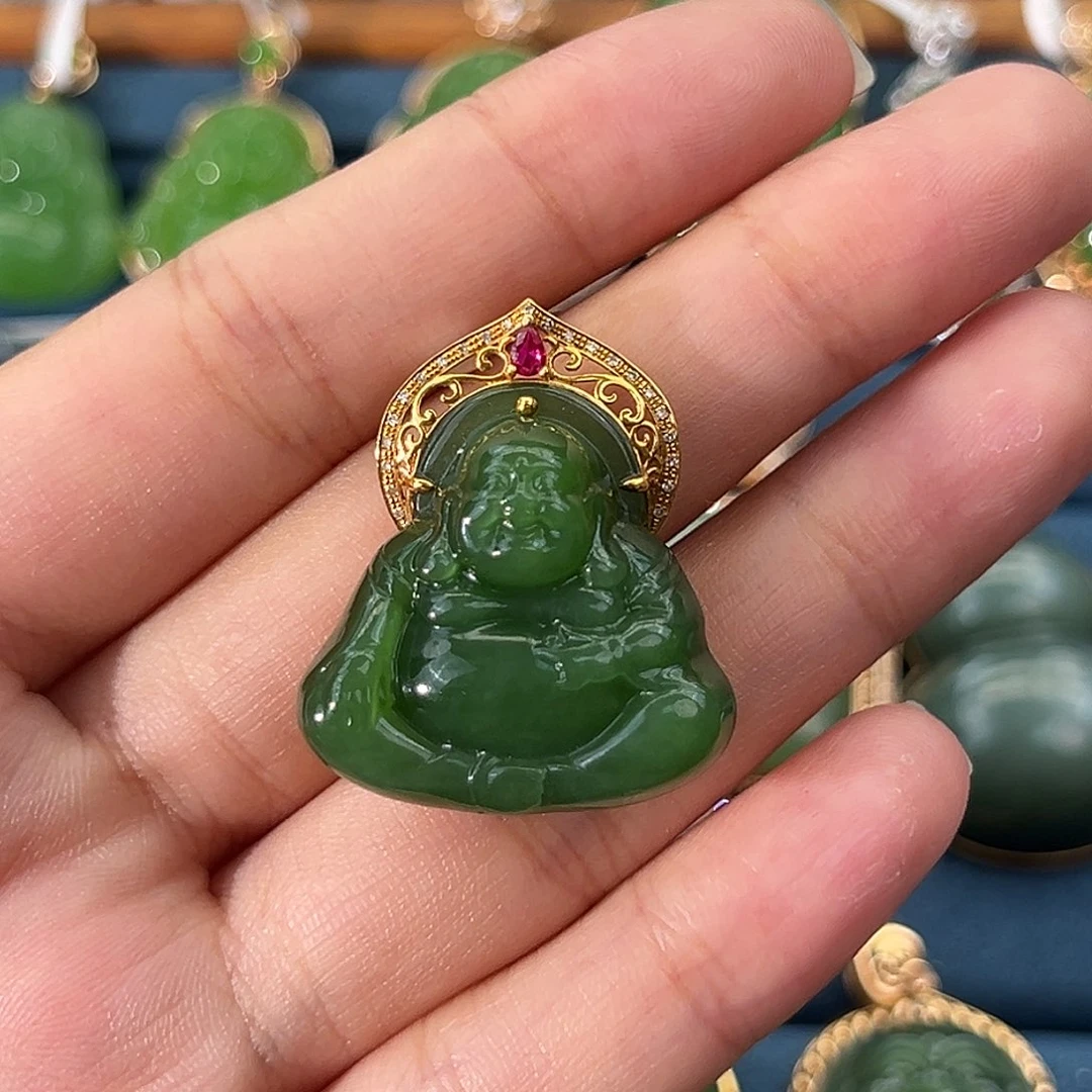 和田玉（碧玉）18K金镶嵌吊坠(不含链)逍遥佛25mm
