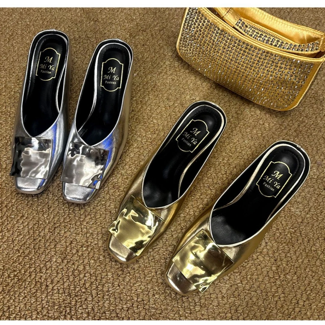 法式金属方扣包头半拖鞋女外穿2025新款夏季内凉拖平底穆勒鞋