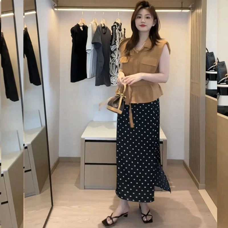 黑色波点半身裙女夏2025新款法式侧开叉高腰显瘦中长款a字包臀裙