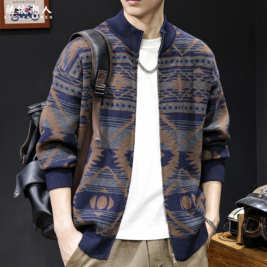 民族提花拉链开衫毛衣男士外套2025新款秋冬潮牌大码休闲高端衣服