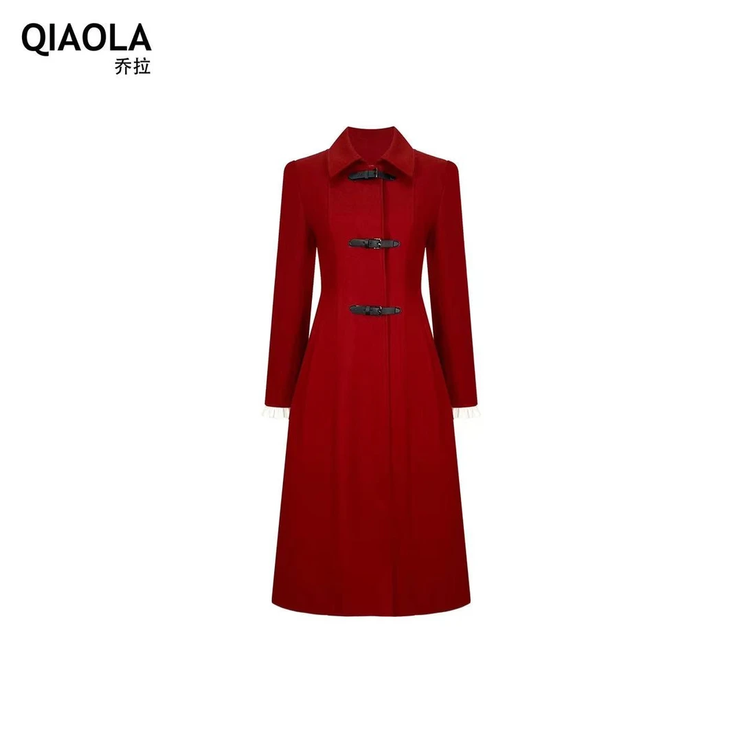 QIAOLA/乔拉【红心女王】秋冬斜纹毛呢翻领轻奢收腰显瘦连衣裙预售