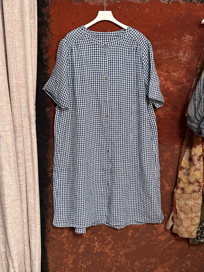 高货田园风立领格子套头夏季连衣裙圆领夏装休闲胸围130衣长107