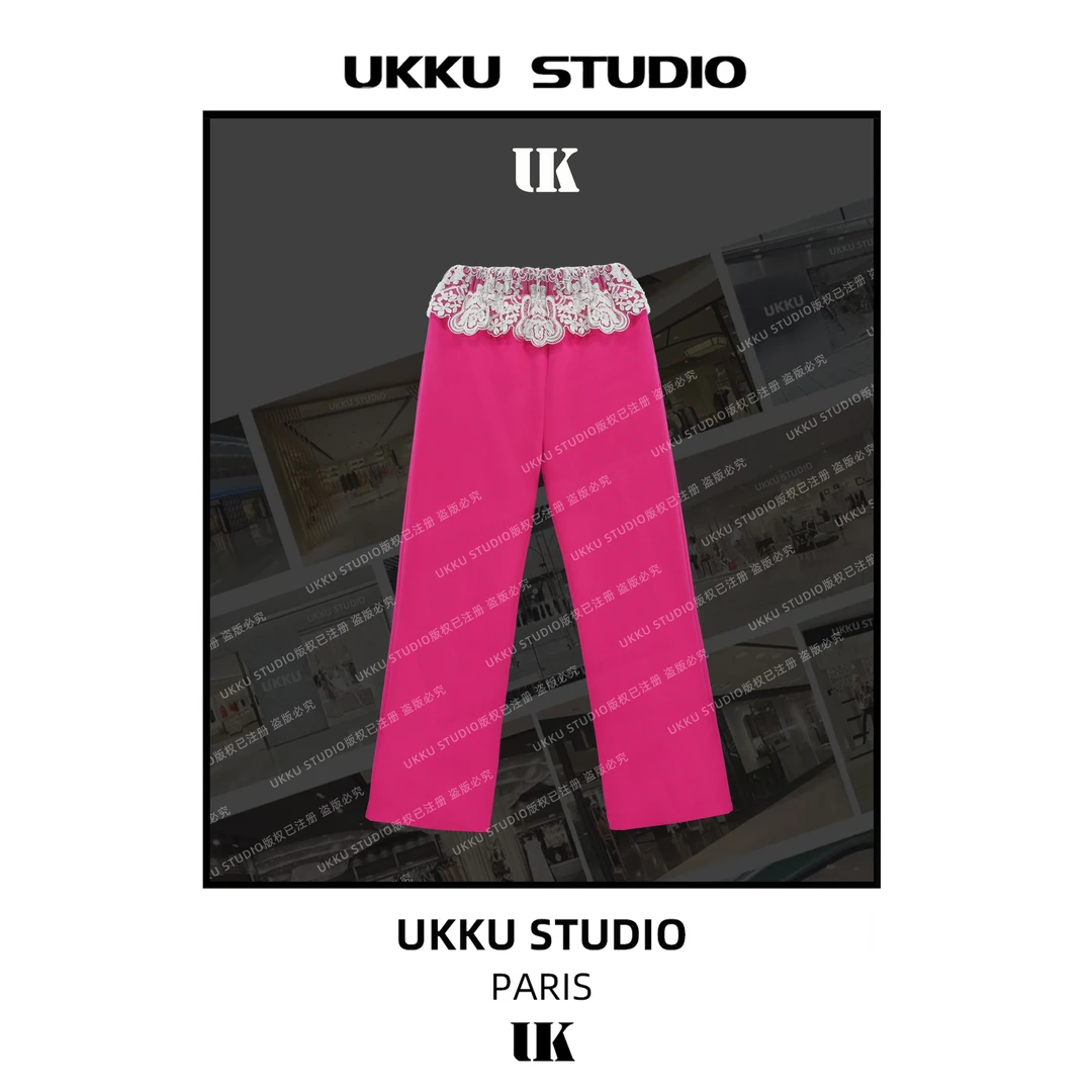 文文【UKKUSTUDIO】百搭重工高奢宽蕾丝抽绳长裤613535
