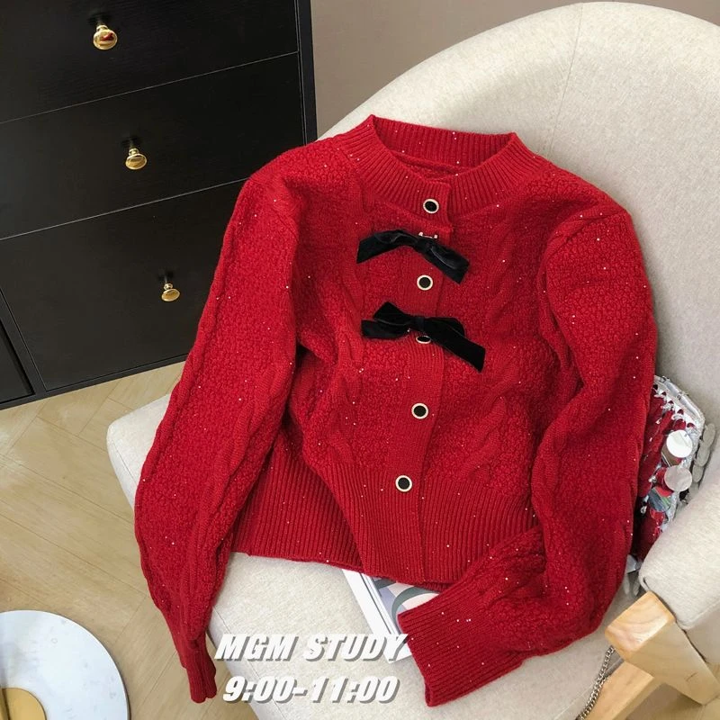 红色小香风蝴蝶结麻花加厚毛衣女春秋季气质细闪亮片针织开衫外套