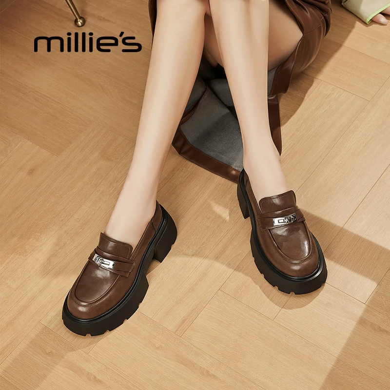 MILLIE S/妙丽粗跟厚底乐福鞋女时尚深口单鞋2025年新款高跟鞋