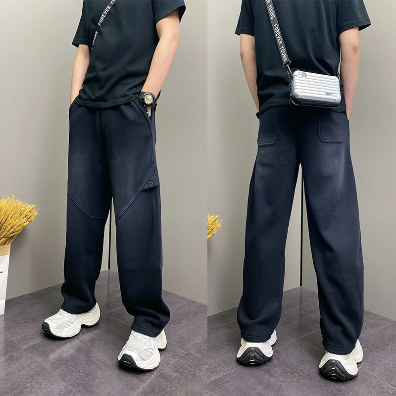 2025秋冬新款美式复古水洗加绒休闲卫裤男士宽松直筒阔腿弯刀裤潮