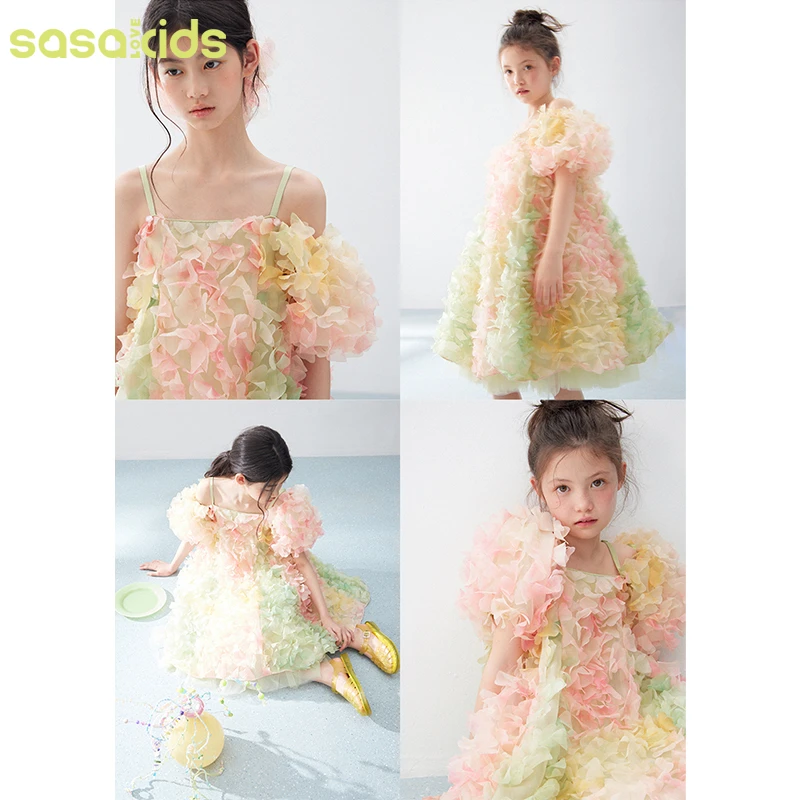 sasakids【商场同款】重工立体花朵吊带礼服女孩连衣裙袖子可拆卸