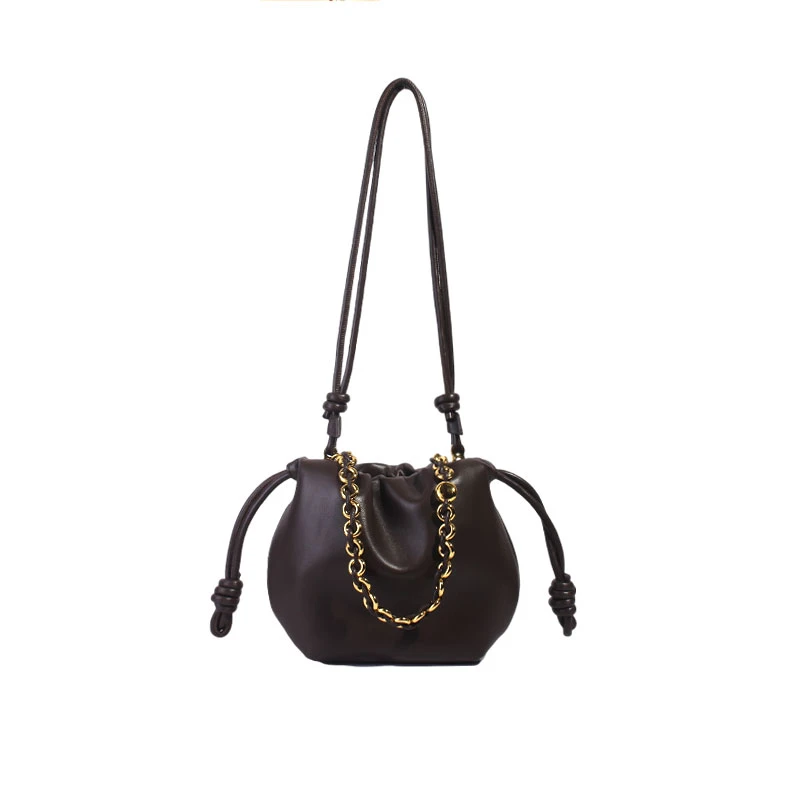 褶皱绳结纳帕羊皮单肩手提斜挎云朵包小号BK-6001-可可棕