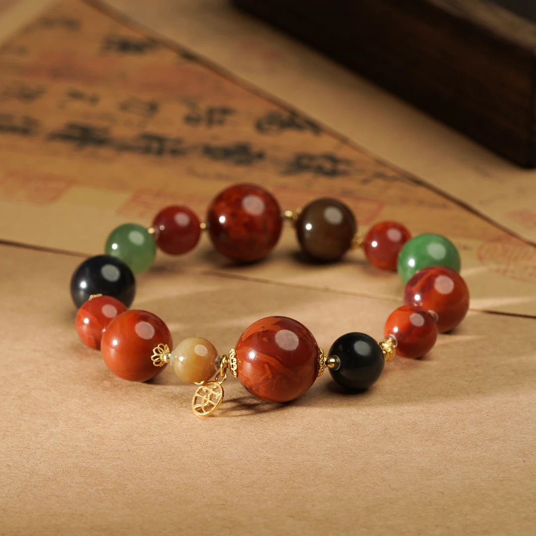 【18K】落日余晖·南红多宝火焰纹单圈手串12MM圆珠文玩好物Q6