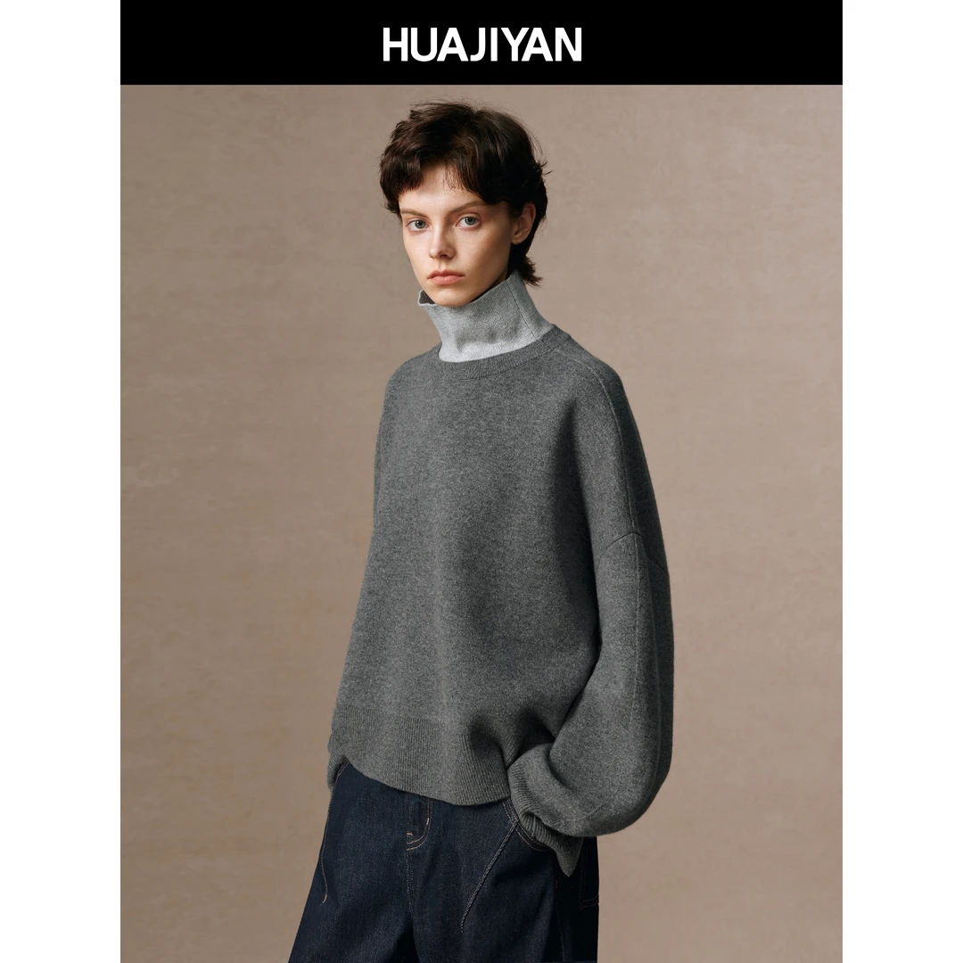 华吉言/HUAJIYAN【灰语】100羊毛空气层针织撞色高领套头毛衣
