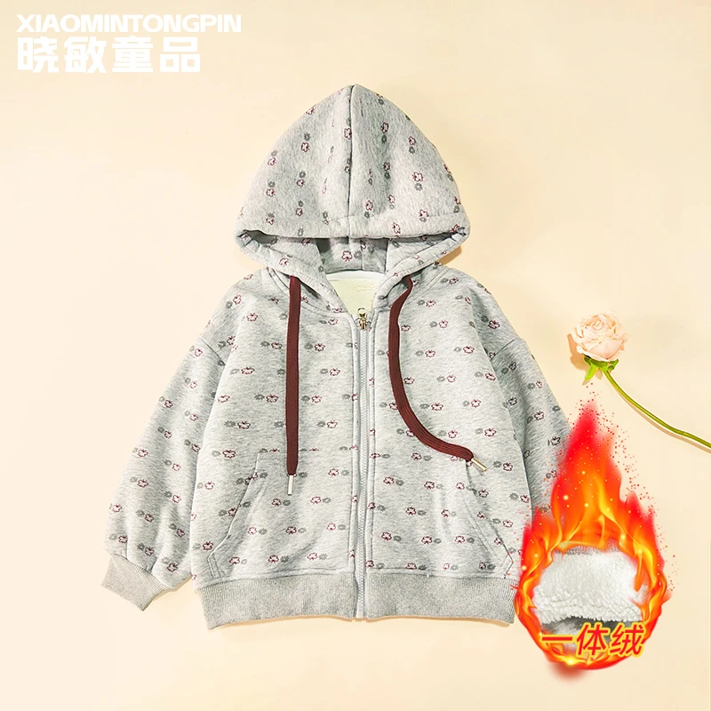 【现货】女童卫衣外套加绒加厚秋冬儿童衣服时尚碎花连帽外套3C5585