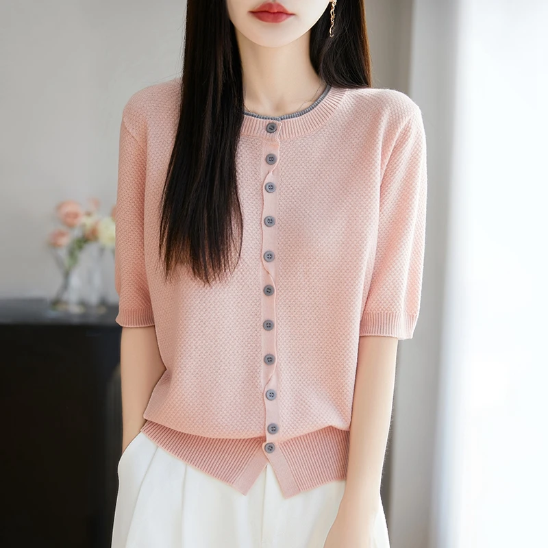 薄款夏季精纺细羊毛精纺撞色纽扣短袖拼接气质款式开衫针织T恤