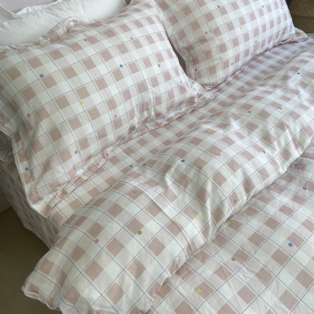 纯棉印花双层纱 四件套 【豆沙粉格子】