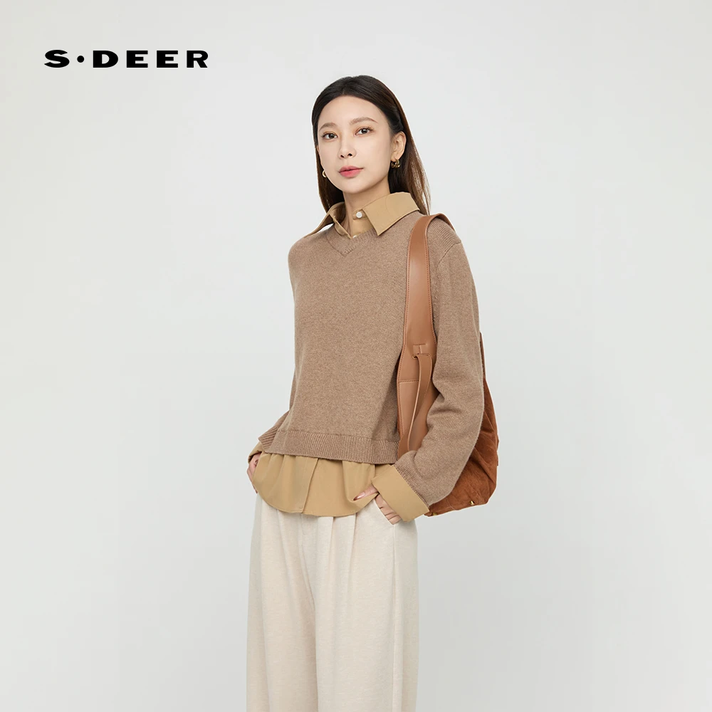 sdeer圣迪奥女装时尚休闲学院风翻领衬衫假两件针织衫S244Z3523