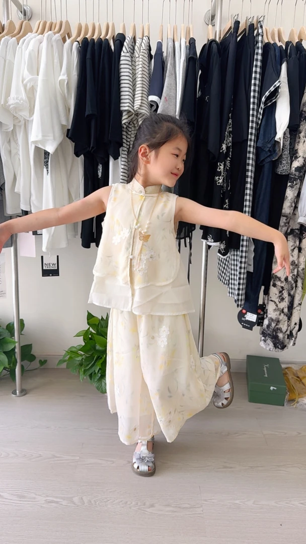 碎花夏季女薄款中国风单排扣套装汉服连衣裙女童中式