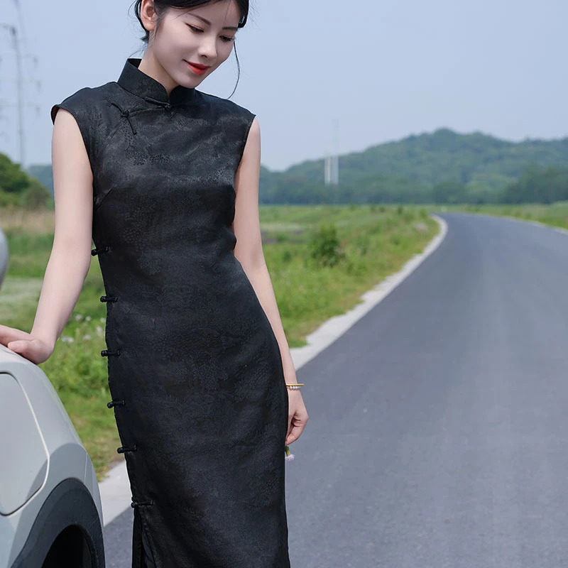 【墨玉】两款花型随机桑蚕丝修身旗袍莨纱25姆米香云纱无袖日常透气