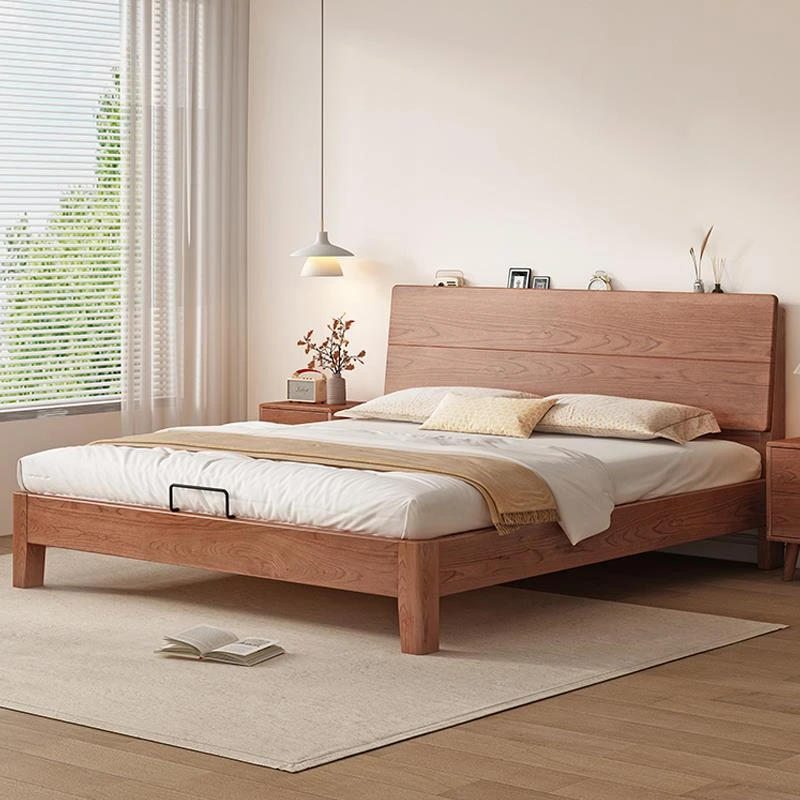 全实木床家用中古风1米5单人床轻奢胡桃木主卧大床1.8米双人床架