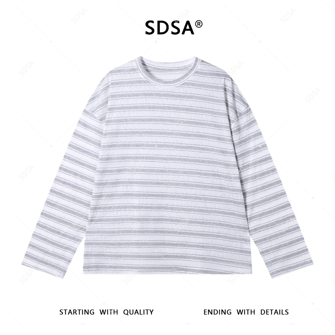 SDSA秋季新款男士痞帅潮牌简约休闲条纹圆领长袖T恤百搭宽松上衣