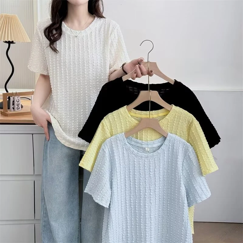 梦冬佳--110-190斤大码女装胖mm夏装褶皱泡泡遮肚显瘦短袖正肩T恤