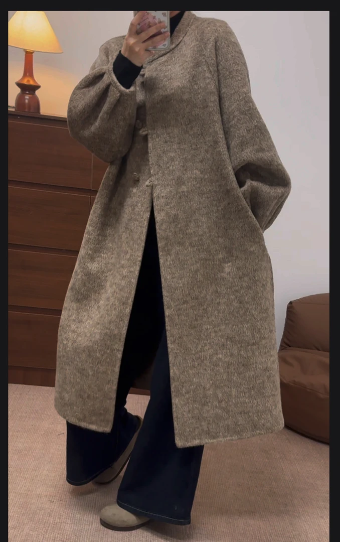 （花苞少女）简约宽松温柔风立领扣子时尚百搭长款秋冬羊毛大衣