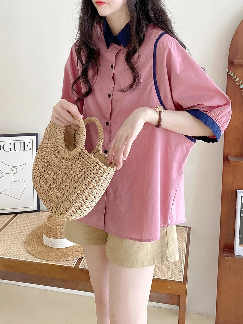 衬衫女夏款2025年新款韩版通勤宽松设计感蝙蝠袖拼接领中袖上衣