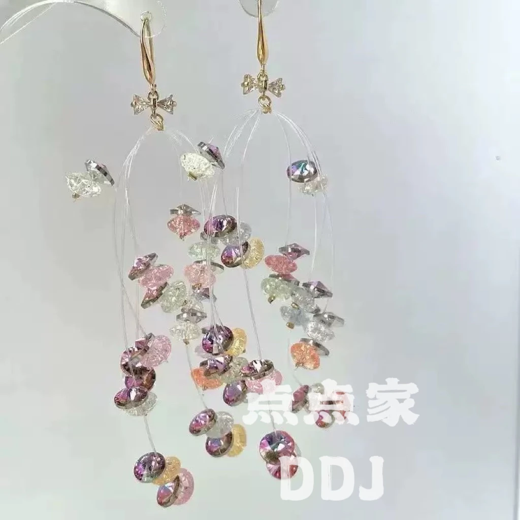 非金属仿水晶耳饰 E-441轻奢简约气质多层流苏紫色水晶耳环