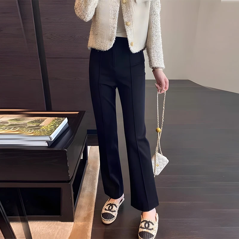 黑色九分阔腿微喇叭裤子女2026春季新款窄版松紧腰弹力显瘦休闲裤