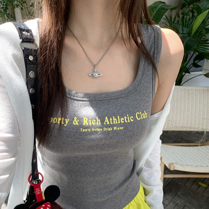 美式背心女夏外穿绝美小吊带新款灰色印花无袖上衣打底内搭