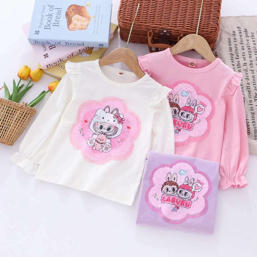 女童春秋薄款卡通亮片长袖儿童秋季新款变色亮片长袖T恤