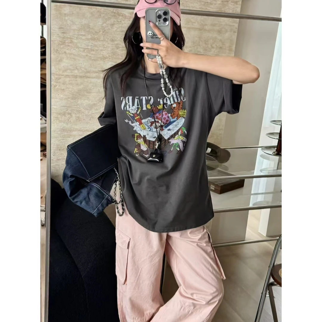 SP【vintage买手】代款洋气时髦洗水卡通印花百搭短袖T恤女