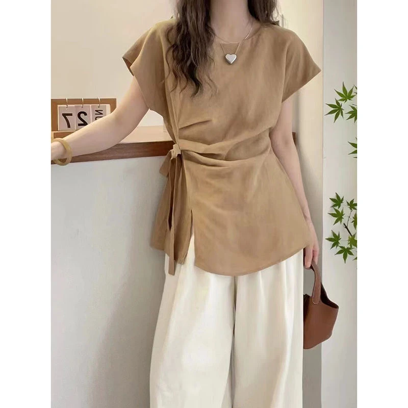 时尚气质百搭2025夏季韩版气质名媛风圆领盖袖收腰蝴蝶结系带侧开