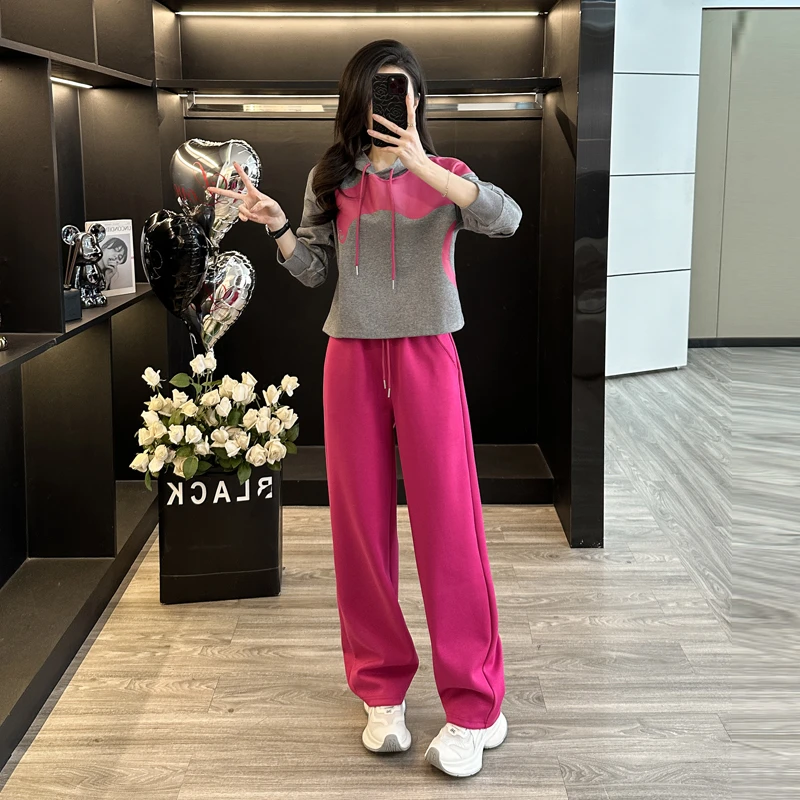灰色连帽休闲运动套装女2025春秋季新款宽松慵懒潮牌阔腿裤两件套