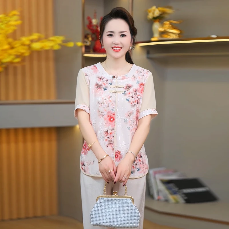 妈妈装夏装短袖中式上衣弹力亲肤洋气减龄T恤+裤子两件套薄款透气