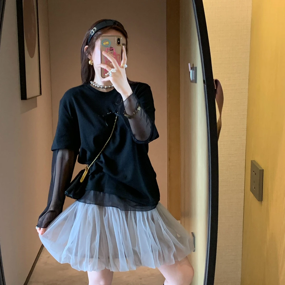 韩系春款简约假两件设计蝴蝶结圆领宽松拼接休闲T恤上衣