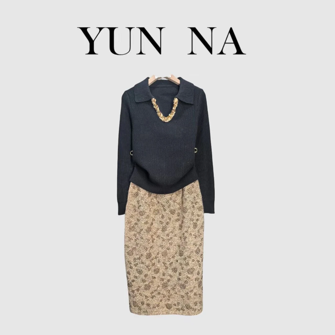 【DanCa】3665秋冬季花边领高奢女装针织亮片裙套装长袖时尚休闲