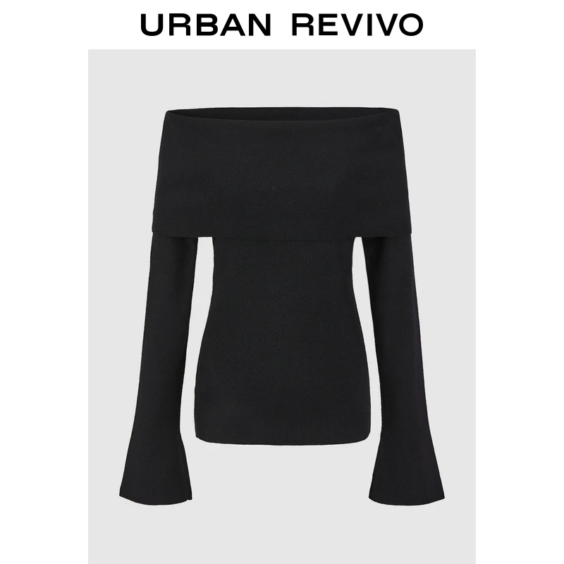 UR2025秋季新款女装气质一字领喇叭袖修身针织衫UWM950093