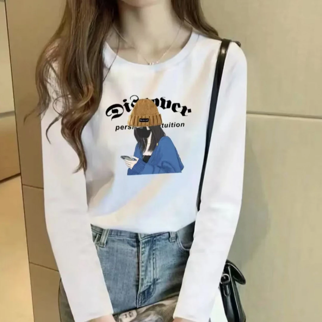 2025长袖春秋男女休闲透气时尚百搭圆领印花T恤 街头女生