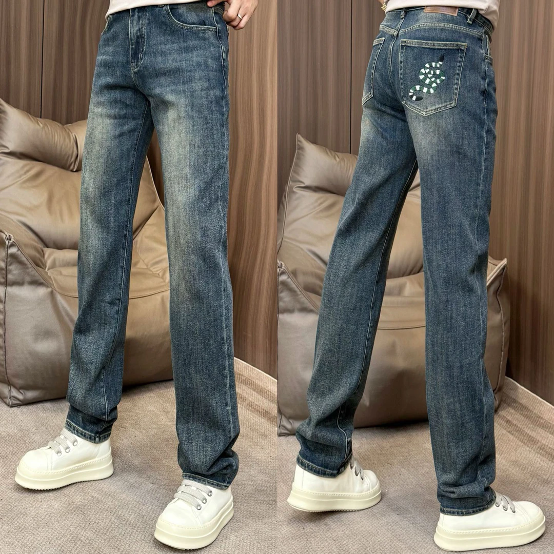 7839孙先生｜潮款牛仔裤刺绣蛇生肖款直筒小阔腿男款牛仔裤