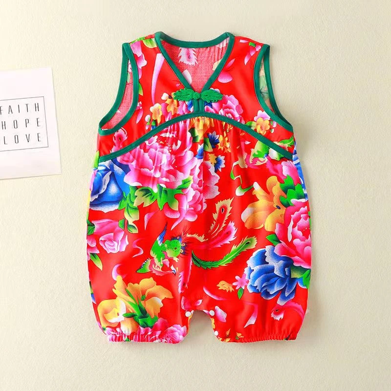 新生儿大花宽肩夏季宝宝连体婴幼儿无袖土潮东北大花民族风爬爬服