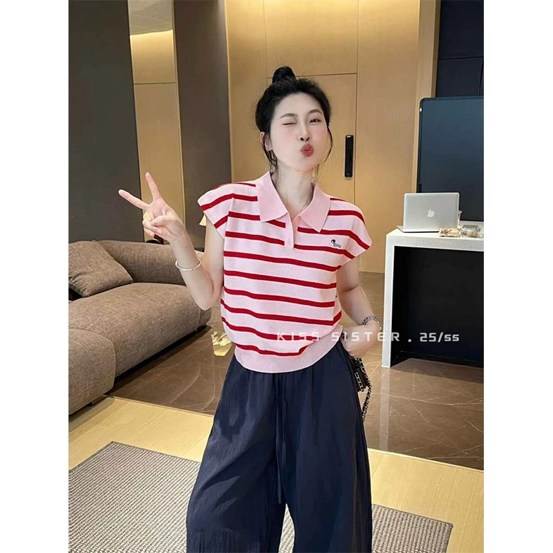夏季韩版小狗刺绣条纹Polo领短袖针织衫女设计感小众显瘦短款上衣