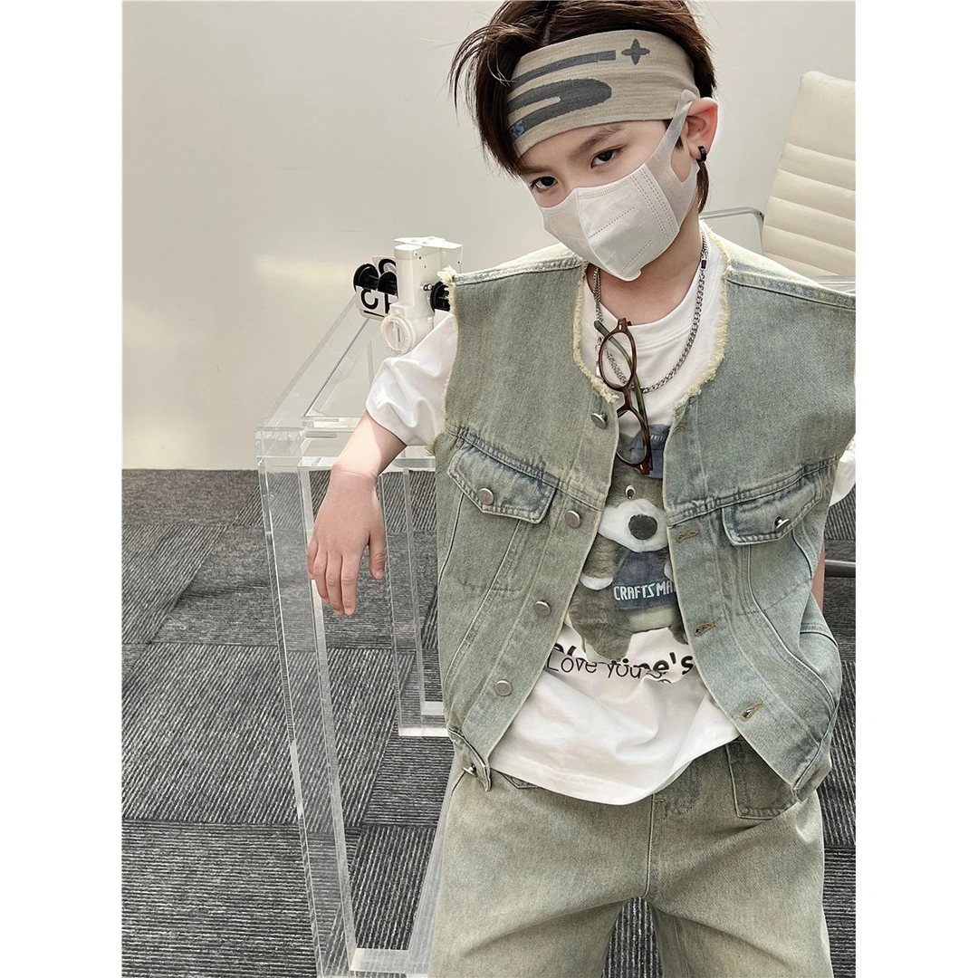 2025春款儿童牛仔马甲美式复古cleanfit毛边男女童洋气马甲背心