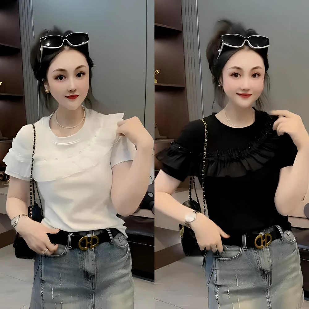 欧货2025夏季新款重工钉珠拼接荷叶边短袖女气质高级感显瘦T恤衫