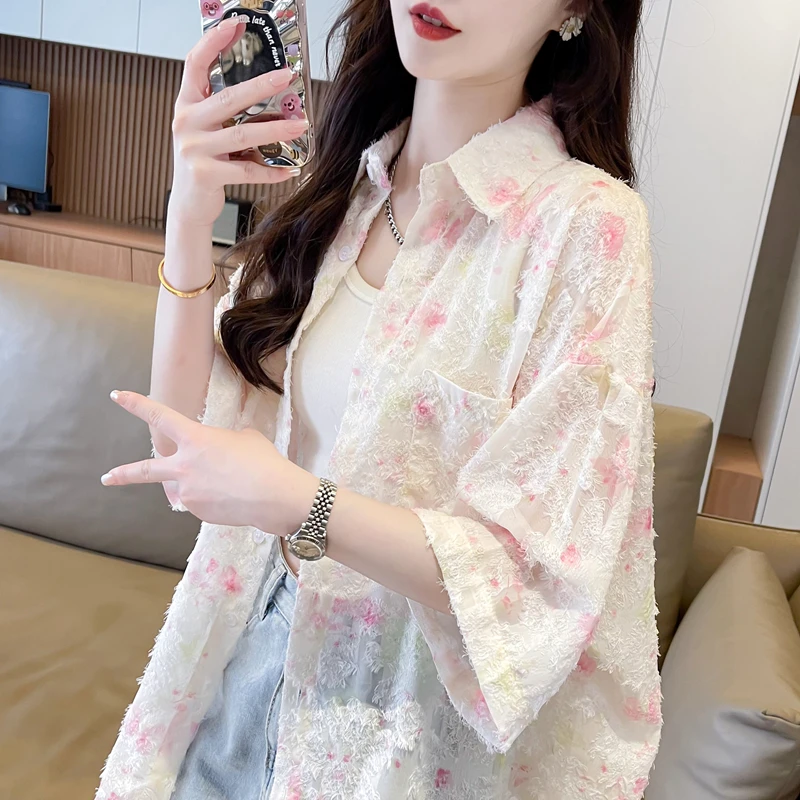 大码胖mm轻薄款短袖防晒衬衫女夏季新款韩版宽松百搭外穿衬衣外套