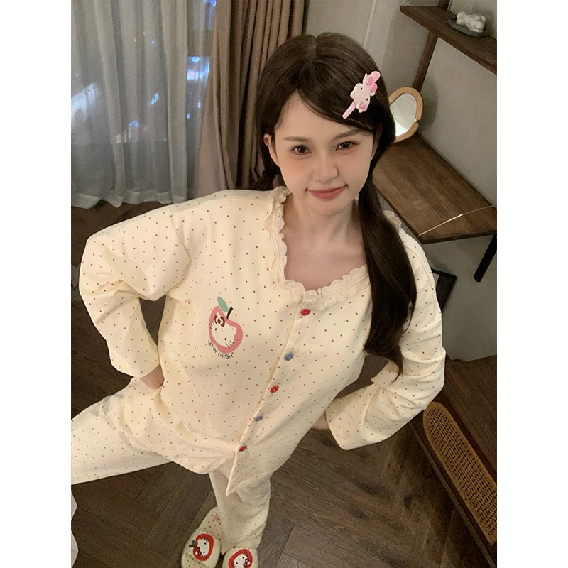 芯语婷春秋季新款波点kt猫女士睡衣冬季长袖长裤甜美家居服可外穿